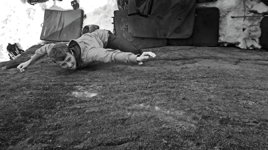 Young Oli, climbing Exaltation, E6 / V6 Stanage North