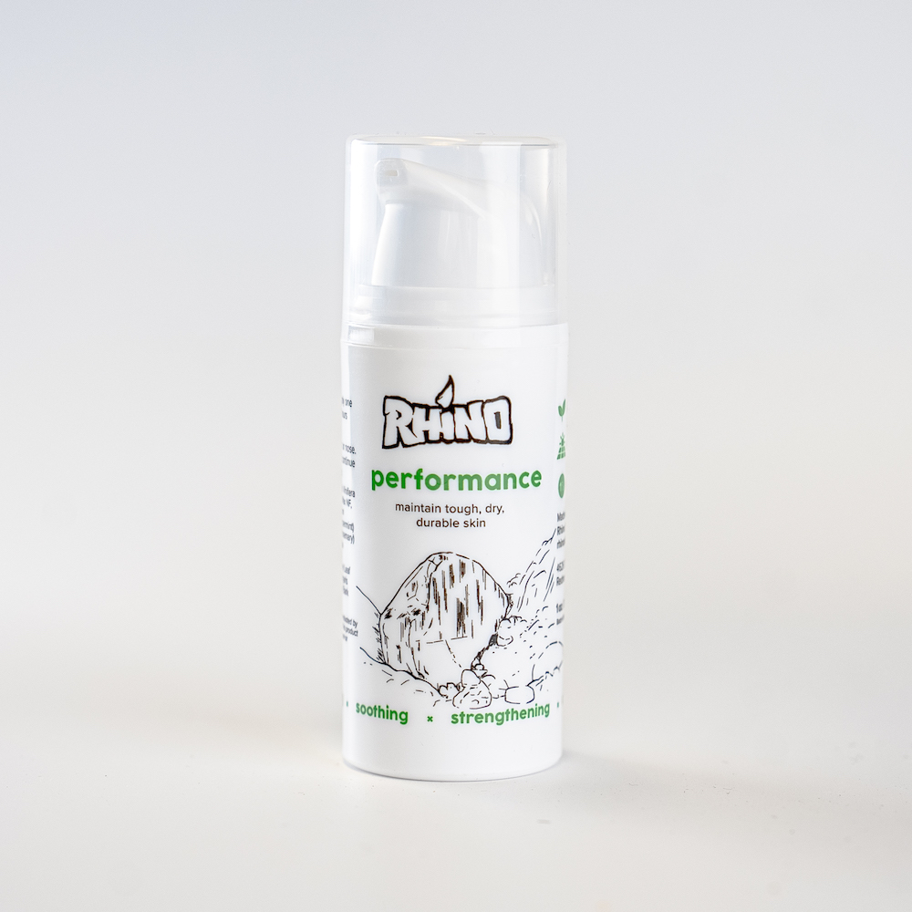 A bottle of Rhino SKin Performance. A moisturising hand cream for climbers with sweaty hands, to be used pre-climb or post-climb.