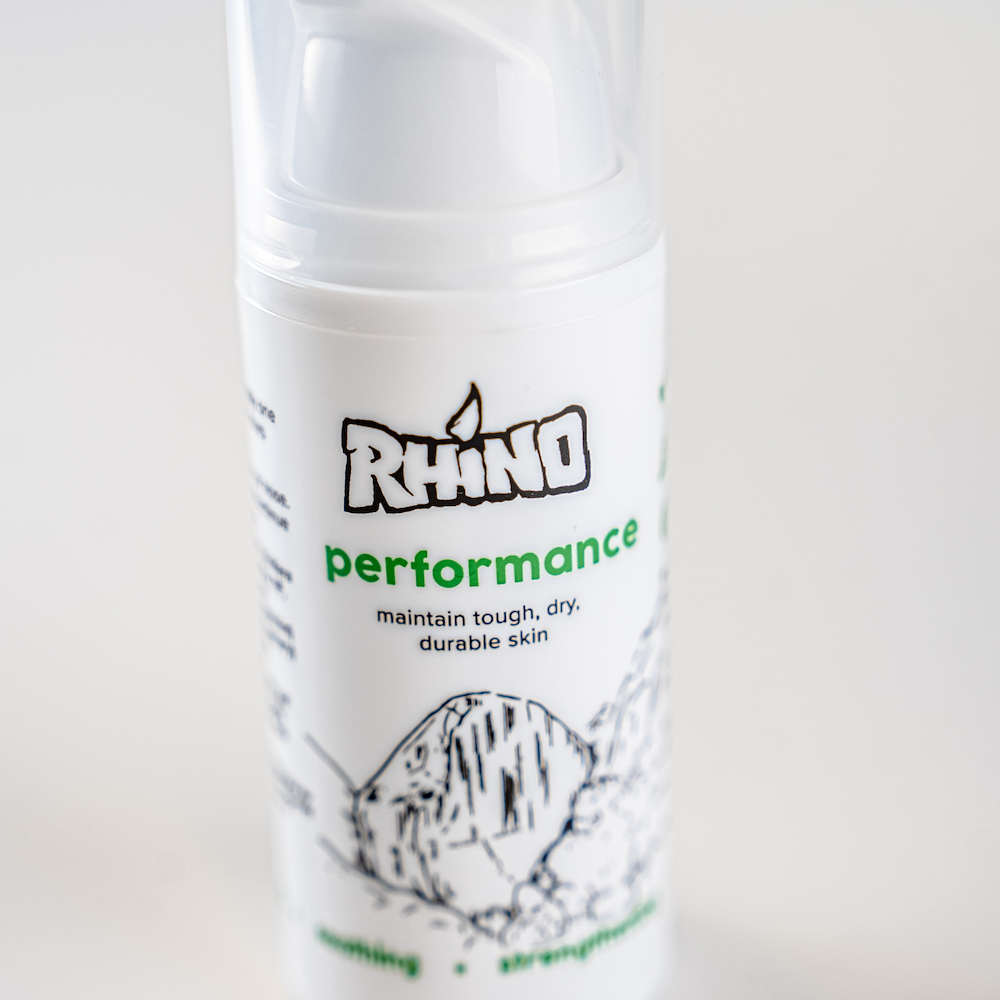A bottle of Rhino SKin Performance. A moisturising hand cream for climbers with sweaty hands, to be used pre-climb or post-climb.
