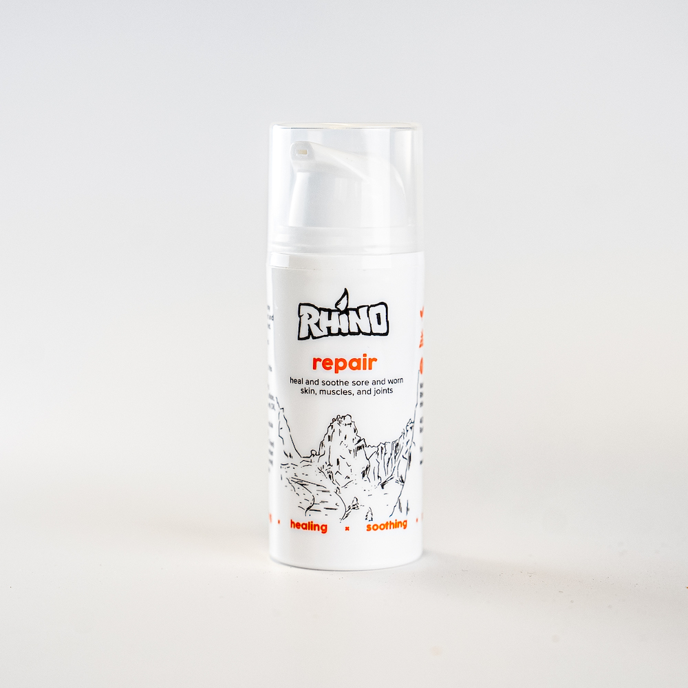 Rhino Skin Repair is an all-natural, non-greasy hand cream for soothing and healing sore, worn skin and thin tips after climbing.