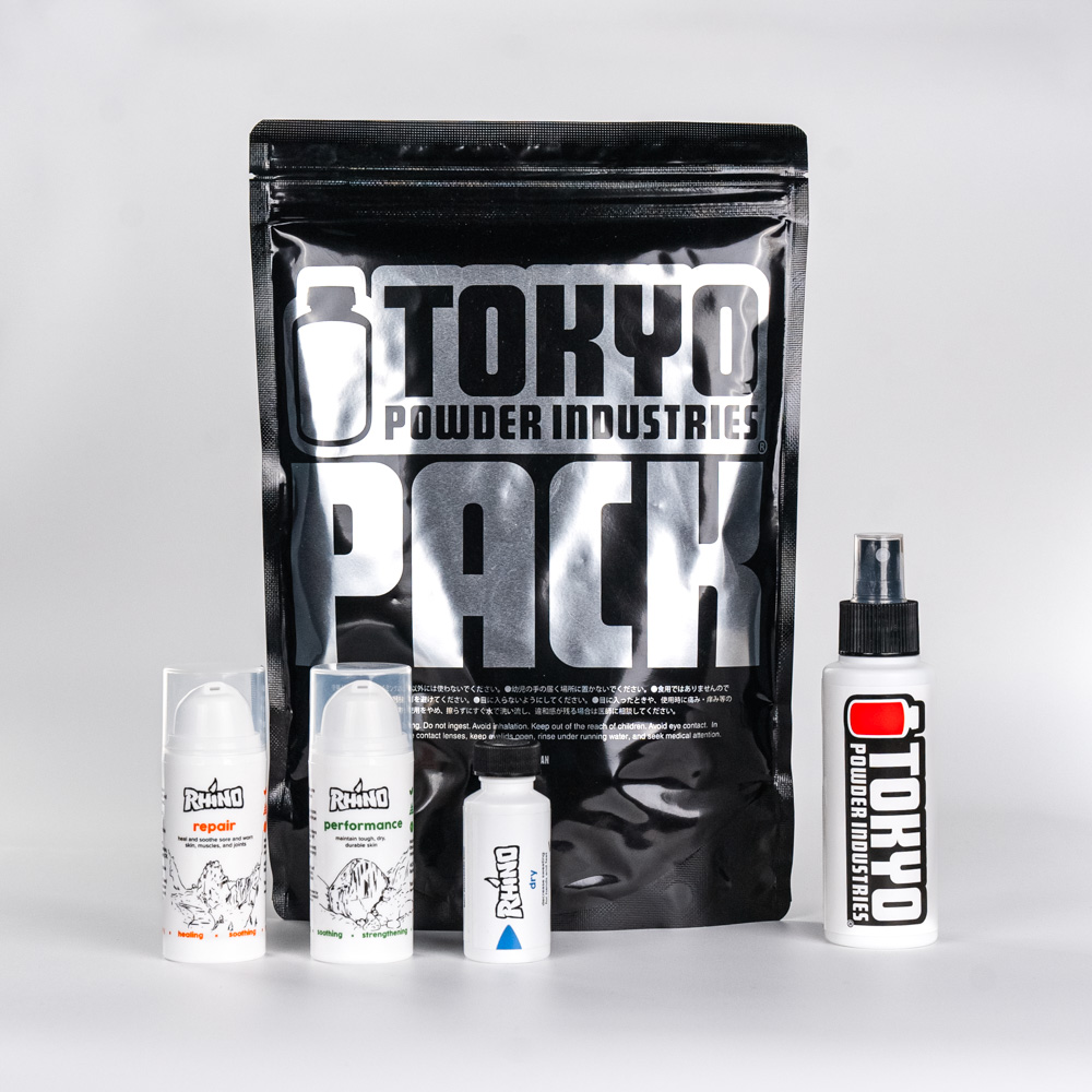 Sweaty Skin Bundle: Tokyo Powder BLACK chalk, Tokyo Powder REACT primer, Rhino Skin Repair, Performance and Tip Juice.