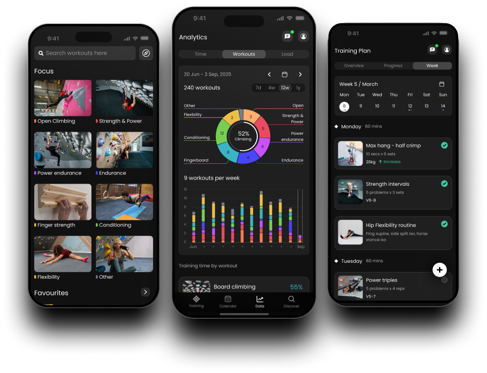 Three phones side by side showing different pages on the lattice training latticeplan lattice plan app