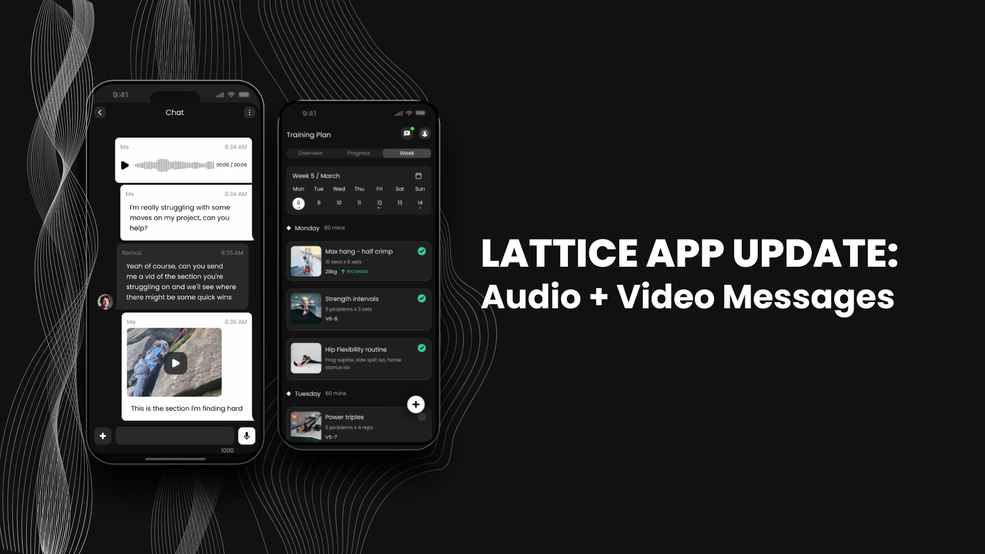 Lattice App Update: Send voice notes and video messages to your coach in the chat | Climbing Training Plan PLUS users