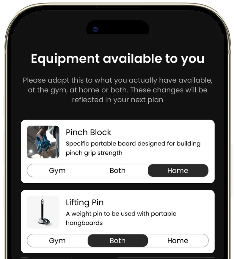 Equipment selection screen in the Lattice app