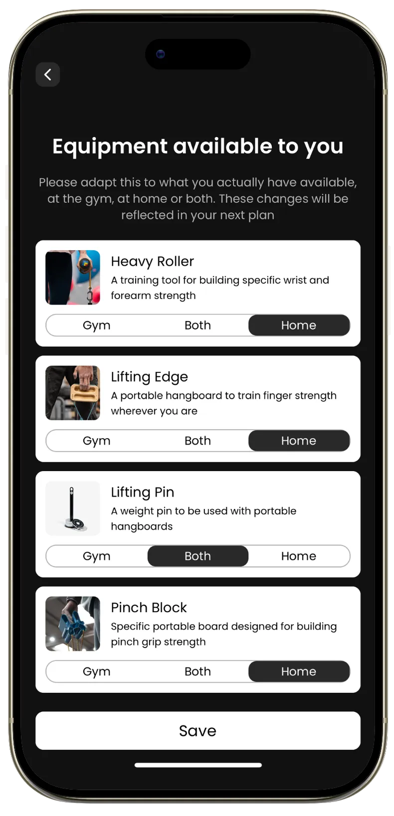 Equipment selection screen in the Lattice app