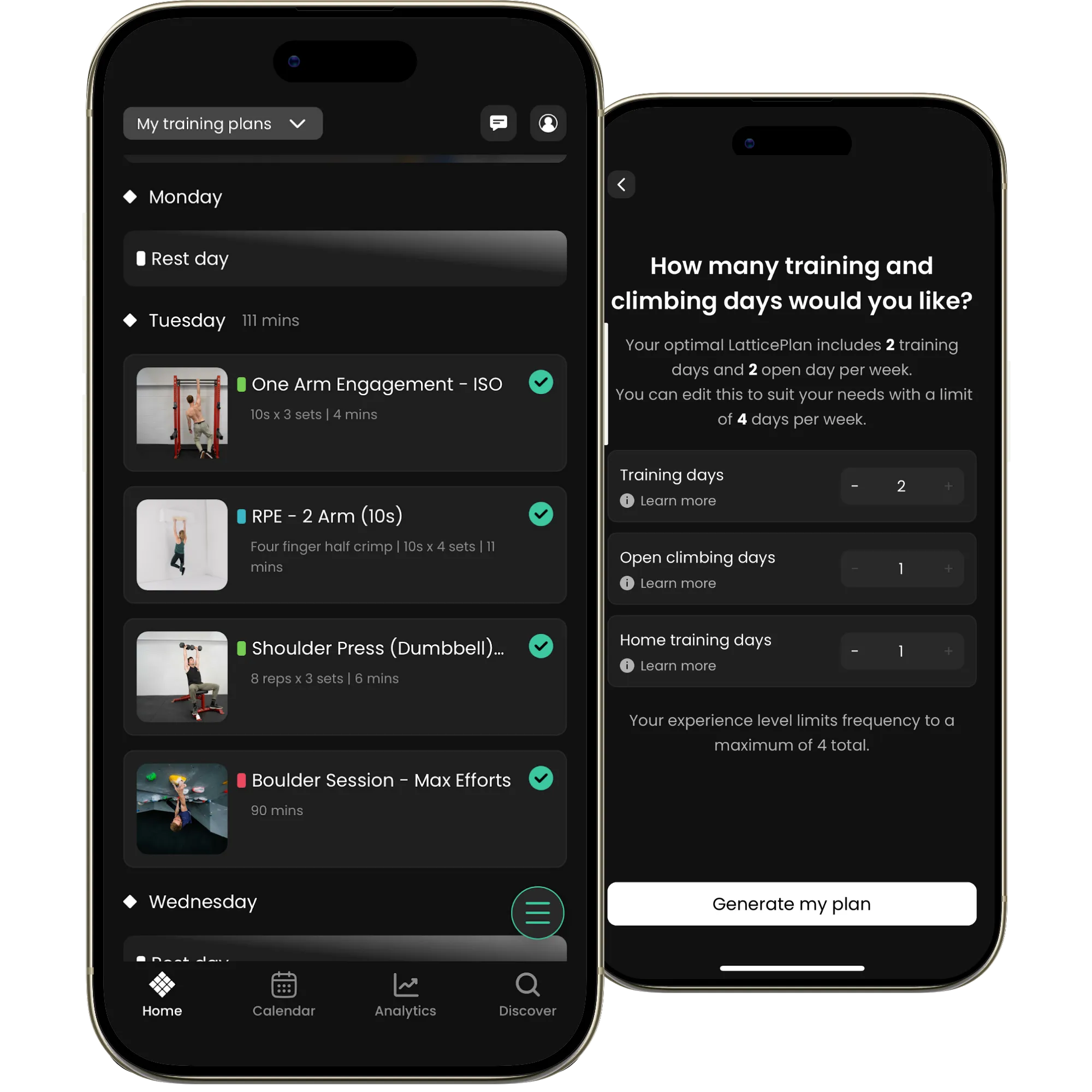 Lattice app showing a weekly training plan and the schedule customisation screen
